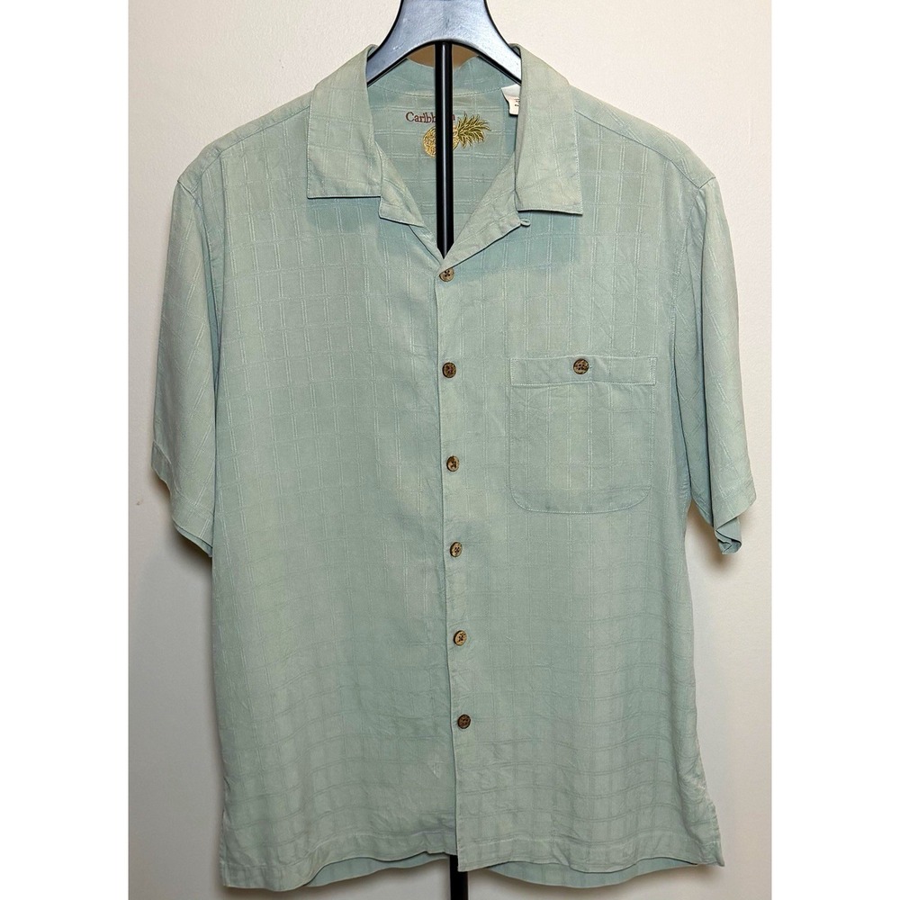 Caribbean Men's Silk Woven SS Button-Up  Hawaiian Pineapple Green M Excellent